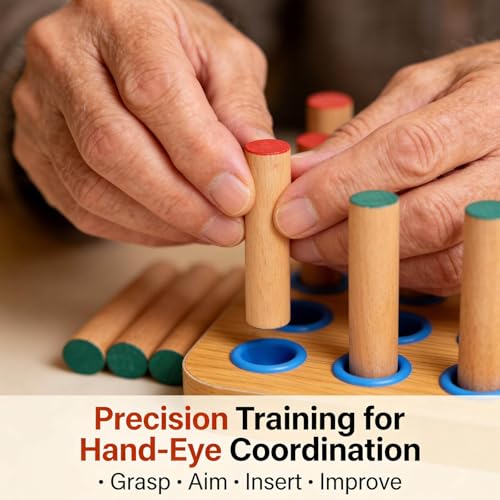 Wooden Pegboard for Stroke Rehabilitation and Hand Therapy, 20 Pegs, 7.1 x 5.5 Inches, Finger Dexterity Exercise Tool for Seniors and Patients