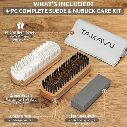 TAKAVU Suede & Nubuck Cleaning Kit, Crepe & Brass Brush, Eraser Block | Restores Suede Shoes & Boots, Includes Microfiber Towel, Brass Bristle Brush & Rubber Cleaning Block