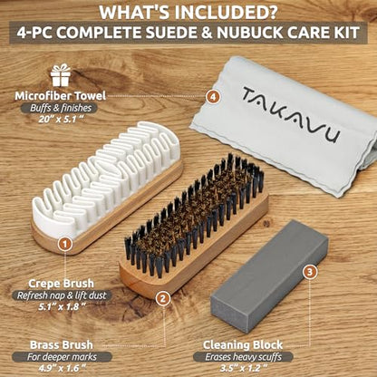 TAKAVU Suede & Nubuck Cleaning Kit, Crepe & Brass Brush, Eraser Block | Restores Suede Shoes & Boots, Includes Microfiber Towel, Brass Bristle Brush & Rubber Cleaning Block