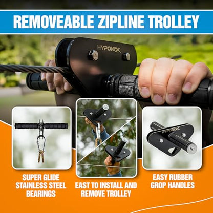 Zip Line Kit for Kids and Adults, 100/120/150/200ft, Up to 350 Lbs, Removable Trolley, Rustproof Stainless Steel, Quick Setup with Ratchet, Safety Harness, Backyard Adventure Fun W/Climbing Holds - size: 120' Zipline Kit