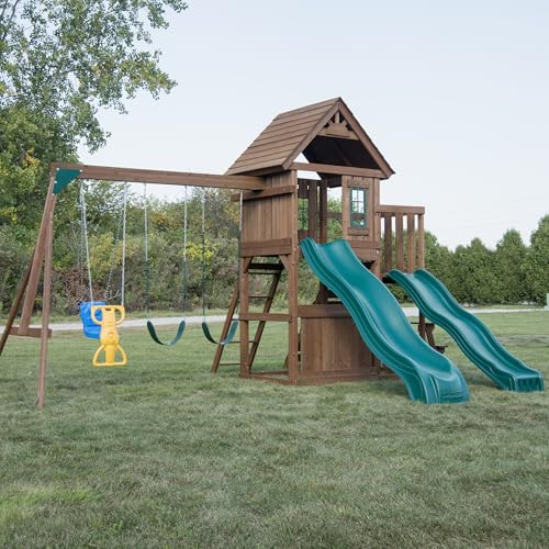Swing-N-Slide Lookout Mountain Wooden Swing Set with Two Slides, Climbing Wall, Swings, Glider & Picnic Table, Wood - size: Lookout Mountain
