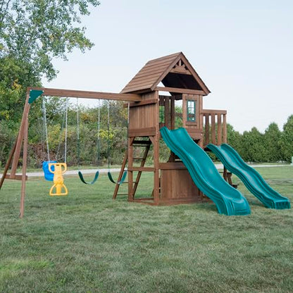 Swing-N-Slide Lookout Mountain Wooden Swing Set with Two Slides, Climbing Wall, Swings, Glider & Picnic Table, Wood - size: Lookout Mountain