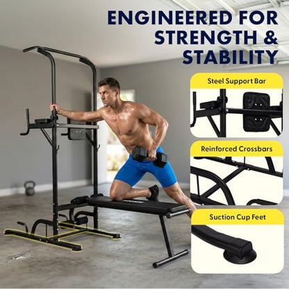 SQUATZ Pull-Up Dip Station - Your All-in-One Power Tower Gym and Chin-Up Bar Stand with Collapsible Bench for Home Exercise and Bench Press