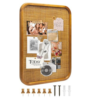 20" x 30" Bulletin Board, Round-Edged Rectangle Rattan Corkboard, Wooden Frame Boho Style Wall Organizer,5075Teng - size: 20*30 inch