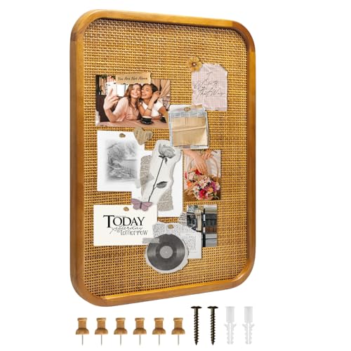 20" x 30" Bulletin Board, Round-Edged Rectangle Rattan Corkboard, Wooden Frame Boho Style Wall Organizer,5075Teng - size: 20*30 inch