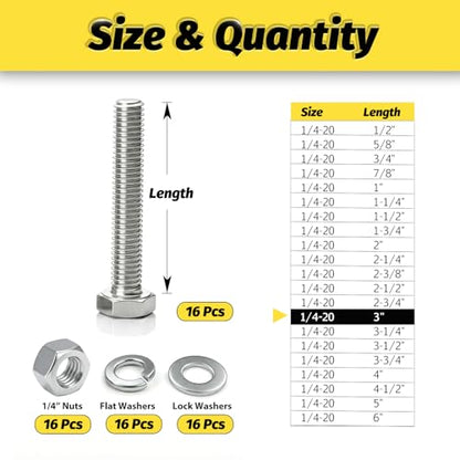 16 Sets 1/4-20x3 Bolt and Nut Set, Flat & Lock Washers Included,64PCS | 304 Stainless Steel 1/4-20 Bolt, Precision Fasteners Mechanical Assembly Equipment Repair & DIY - size: 1/4-20x3" 16sets