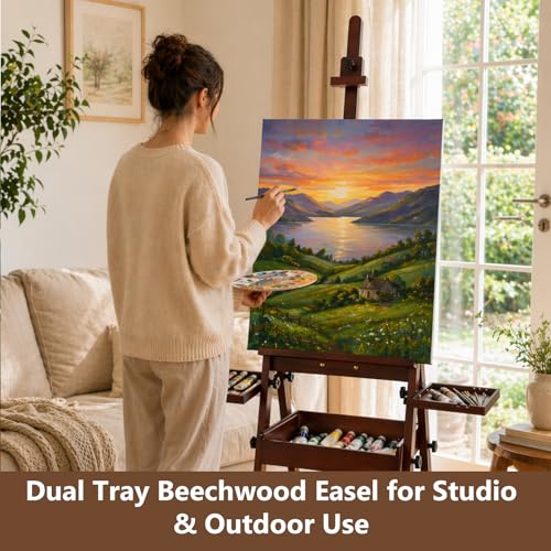 Wooden H-Frame Studio Easel with Storage Drawer and Palettes, Walnut | Solid Beechwood Painting Easel for Students, Beginners, and Artists, Hold Canvas to 36Inches High - style: Side Trays Walnut
