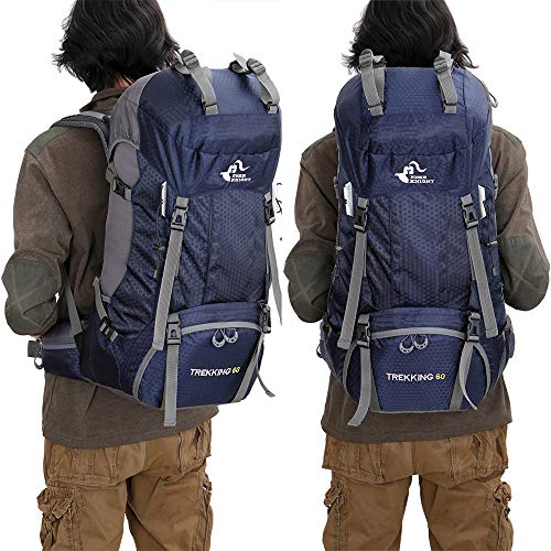 Bseash 60L Waterproof Hiking Camping Backpack with Rain Cover, Large Outdoor Sport Travel Daypack Rucksack for Climbing - color: Navy Blue