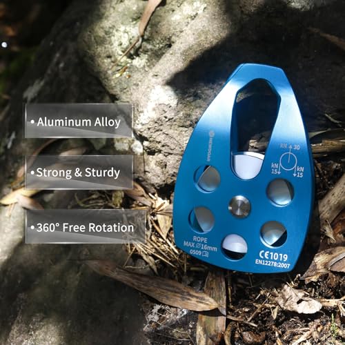 NewDoar 30 KN CE Certified Large Rescue Pulley Single/Double Sheave with Swing Plate - color: Single Pulley - Blue 1pcs