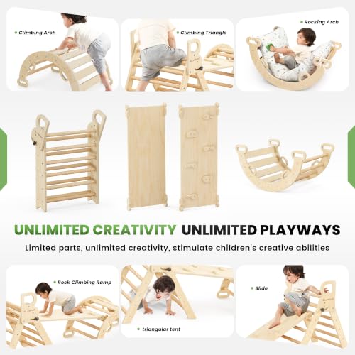 Pikler Triangle Set with Cushion, Wooden Climbing Toys for Toddler | Foldable 8-in-1 Montessori Philosophy Toddler Climbing Toys Indoor with Reversible Ramp, Arch and Ladder - Natural Wood - color: Natural Wood