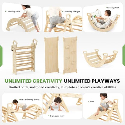 Pikler Triangle Set with Cushion, Wooden Climbing Toys for Toddler | Foldable 8-in-1 Montessori Philosophy Toddler Climbing Toys Indoor with Reversible Ramp, Arch and Ladder - Natural Wood - color: Natural Wood