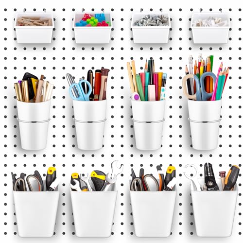 Jinei 12 Pcs Pegboard Bins and Cups with Hooks and Loops Peg Assortment Organizer Accessories Various Tool Organizer Pegboard Basket Set for Garage Workshop Workbench Office(White) - color: White