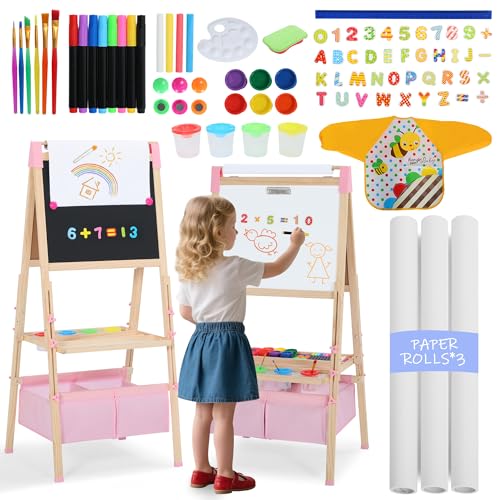 Kinder King Adjustable Wooden Kids Art Easel, Paper Roller, Storage (Pink) | Double-Sided Magnetic Whiteboard & Chalkboard, Art Supplies, Indoor & Outdoor, Painting & Drawing, 3 Years+, Gift - color: Pink