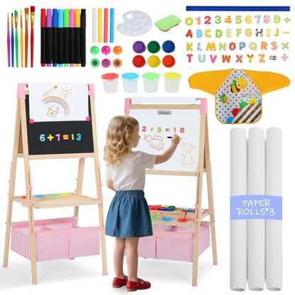 Kinder King Adjustable Wooden Kids Art Easel, Paper Roller, Storage (Pink) | Double-Sided Magnetic Whiteboard & Chalkboard, Art Supplies, Indoor & Outdoor, Painting & Drawing, 3 Years+, Gift - color: Pink