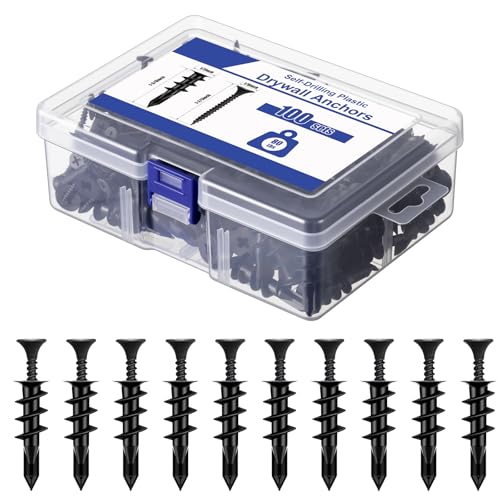 200 Pcs #8 Self Drilling Drywall Anchors and Screws Kit, 100 Anchors, 100 Screws with Organizer Box, Heavy Duty 80 LBS, No Drill Holes Required for Hanging TVs, Mirrors, Picture Frames, Shelves(Black) - color: Black