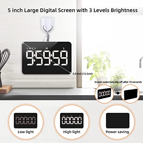Rechargeable Digital Kitchen Timer for Cooking, Magnetic Timers with Countdown/up, Kids Timer with 5”LED Display 3 Brightness 4 Volume Adjustable for Classroom/Office/Home/Work/Study/Fitness/Game | Countdown/Up, 3 Adjustable Brightness, 4 Adjustable Volum