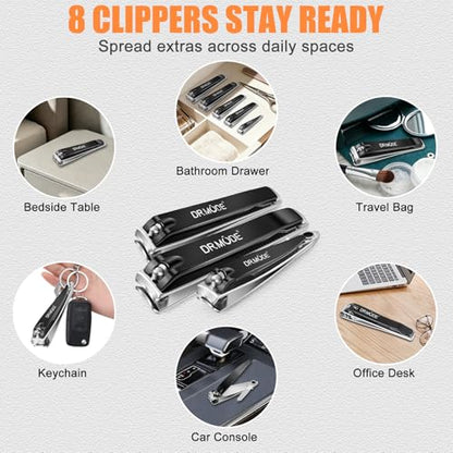 DRMODE Finger Nail Clippers Adult - 8 Pack Nail Clippers Set for Men Women with Nail File, Sharp Stainless Steel Fingernail & Toenail Clippers Curved Cutter Trimmer - style: 8 Pack -Black