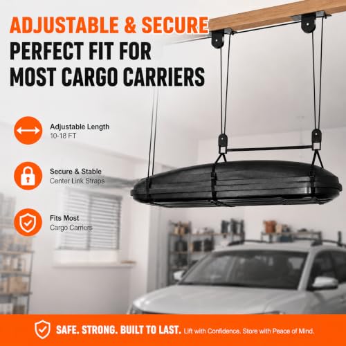 TRUSOON Cargo Box Hoist, Garage Pulley Lift System,150 lbs | For cargo box and kayak, 10-18 ft garage ceiling, 3-point stability, anti-scratch ring, heavy-duty steel