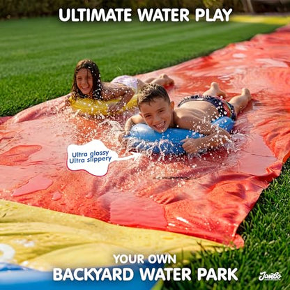 JAMBO 40Ft 3XL Updated Mega Slip Splash and Slide and 2 Bodyboards, Heavy Duty with Inflatable Crash Pad, Slide Splash Mat Outdoor Splash Mat n Backyard Water Toys - color: Blue, Green, Yellow