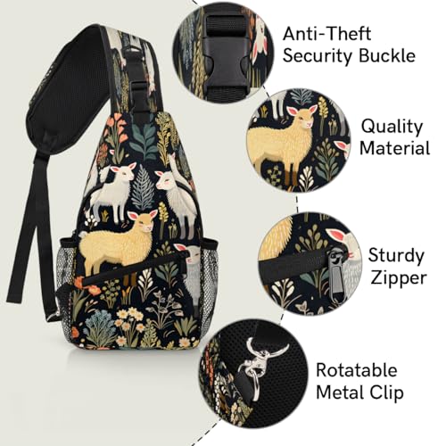 Sheep Flowers Sling Bags for Women Men, Waterproof Crossbody Sling Backpack Travel Outdoor Sports Chest Bag - color: Black