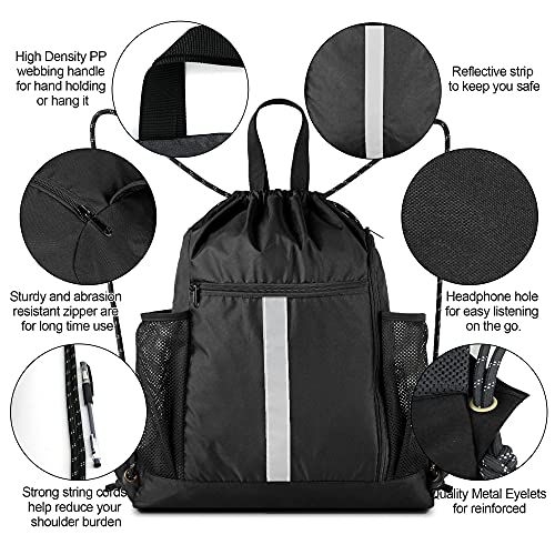 BeeGreen Drawstring Backpack Bag Sports Gym Backpack with Shoe Compartment and Two Water Bottle Holder for Men Women Large String Backpack Athletic Sackpack Workbag Black - color: Black, style: Drawstring With Shoe Compartment
