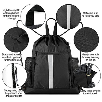 BeeGreen Drawstring Backpack Bag Sports Gym Backpack with Shoe Compartment and Two Water Bottle Holder for Men Women Large String Backpack Athletic Sackpack Workbag Black - color: Black, style: Drawstring With Shoe Compartment