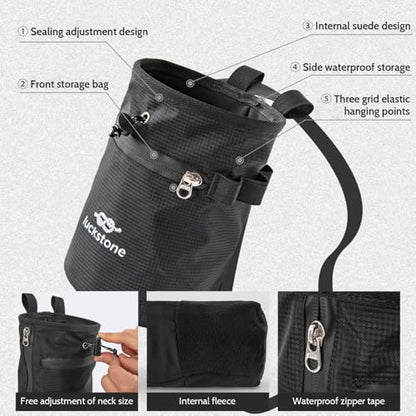 Climbing Chalk Bag 5x7.5 Fleece-Lined Waterproof 420D Oxford Chalk Bag with 24-43" Waist, Drawstring, Brush & Zipper Pockets for Men Women