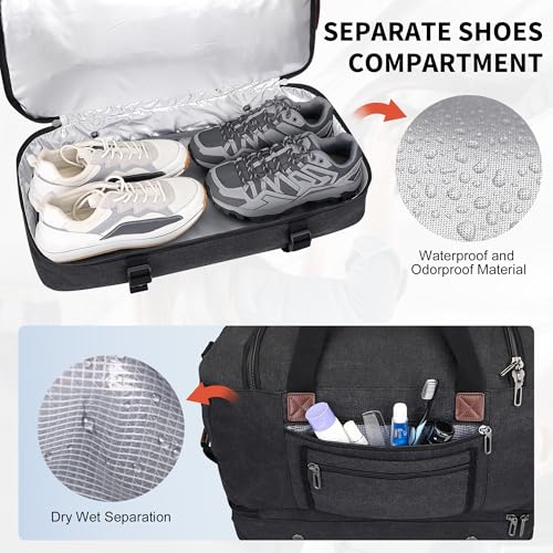 WITZMAN Duffle Bag for Men 50L Travel Canvas Weekender with Toiletry Bag | With Shoe Compartment and Dry-wet Pocket, Convertible, Carry On, One Duffel for Gym, Sports, Overnight, A8010/2 Black - color: Classic Black