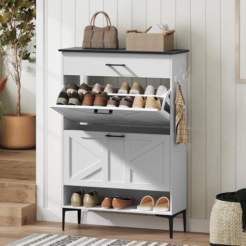 MAHANCRIS Shoe Cabinet with 2 Flip Drawers, Farmhouse Shoe Storage Cabinet for Entryway, Freestanding Narrow Shoe Organizer Cabinet with Adjustable Shelves for Entrance, Black and White SHBB20201