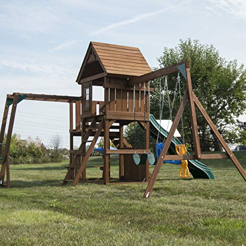 Swing-N-Slide WS 8352 Knightsbridge Ultimate Wooden Swing Set with Slide, Play Set, Monkey Bars, Climbing Wall, Wood Roof, Picnic Table & Glider, Wood, Green - size: Knightsbridge Ultimate