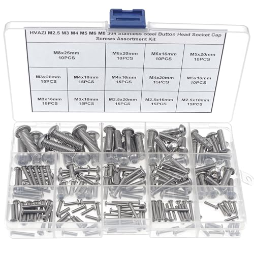 Metric M2.5-M8 304 Stainless Steel Button Head Socket Cap Screw Kit | 185PCS M2.5 M3 M4 M5 M6 M8 Hex Drive Rounded Head Bolts, ISO7380 Fully Threaded Fastener Set with Plastic Storage Box