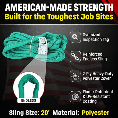 Chenango Supply VR2 20ft Green Endless Round Polyester Rigging Sling | USA Made, Double-Ply Cover, for Lifting & Material Handling, Capacity: 5,300 lb Vertical, 4,240 lb Choker, 10,600 lb Basket - size: 20 ft