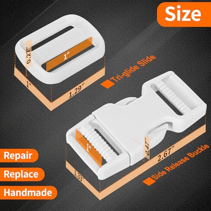 BEYOURD Buckle and Strap Set, 10 Yards Polyester Webbing Strap with 6 Dual Adjustable Side Release Plastic Buckles, 12 Pieces Tri-Glide Slider Clips for Custom Projects (Everyday Series 1 Inch, White) - color: White