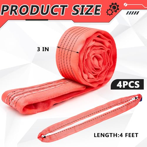 Fabbay 4 Pcs 4 Feet Heavy Duty Polyester Endless Loop Round Lift Slings Lifting Straps for Hoist Towing Moving Furniture Rigging Equipment, 13200 LB Vertical, 10600 LB Choker, 26400 LBs Basket(Red) - color: Red, size: 4 Feet