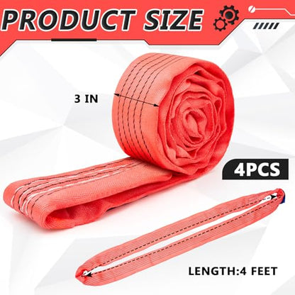 Fabbay 4 Pcs 4 Feet Heavy Duty Polyester Endless Loop Round Lift Slings Lifting Straps for Hoist Towing Moving Furniture Rigging Equipment, 13200 LB Vertical, 10600 LB Choker, 26400 LBs Basket(Red) - color: Red, size: 4 Feet