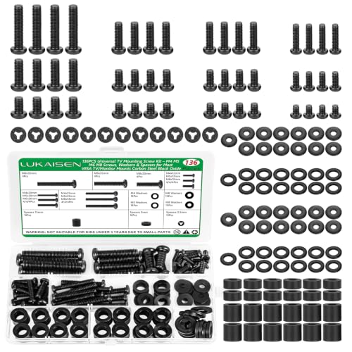 136Pcs Universal TV Mounting Hardware Screws Kit Set M4-M8 | With Spacers & Washers, Compatible with Samsung LG Vizio Sony TCL Curved TVs, Carbon Steel Black, Organized Storage Case - color: 136PCS Black