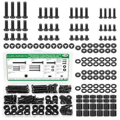 136Pcs Universal TV Mounting Hardware Screws Kit Set M4-M8 | With Spacers & Washers, Compatible with Samsung LG Vizio Sony TCL Curved TVs, Carbon Steel Black, Organized Storage Case - color: 136PCS Black