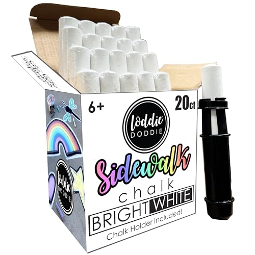 Loddie Doddie Bright White Sidewalk Chalk, Easy Grip, White Chalk, 20 Pack | Tapered Grip for Small Hands, Low Dust Formula, No Roll, Reusable Chalk Bucket, Sidewalk Chalk for Kids - color: White