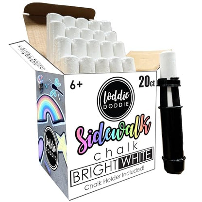 Loddie Doddie Bright White Sidewalk Chalk, Easy Grip, White Chalk, 20 Pack | Tapered Grip for Small Hands, Low Dust Formula, No Roll, Reusable Chalk Bucket, Sidewalk Chalk for Kids - color: White