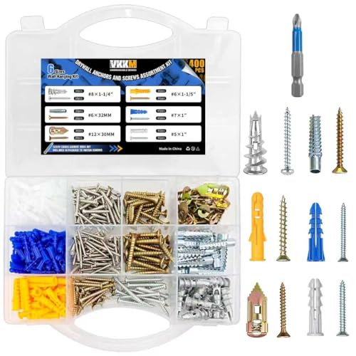 400Pcs Drywall Anchors Kit, 6 Sizes Screw Assortment with Drill Bit, Self Tapping Heavy Duty Wall Anchor Set for Hanging Pictures Shelves Mirrors