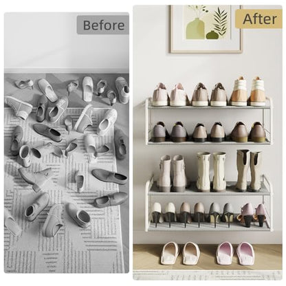Wall Mounted Shoe Rack, Carbon Steel Shoe Organizer with Removable Oxford Cloth, Non-Slip Space-Saving for Entryway Closet Bedroom, White - color: Classic White