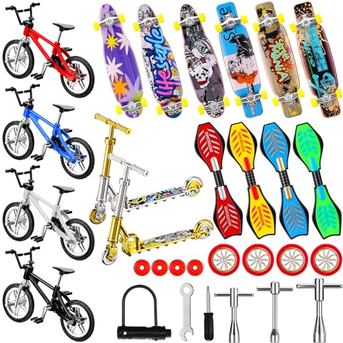 Skylety 31 Pieces Mini Finger Toys Set for Boy Girl Includes 6 Finger Skateboards, 4 Bikes, 2 Mini Scooters 4 Swing Board 8 Matched Wheels 7 Tool Accessories Educational Toy Party Favor(Novel) - style: Novel