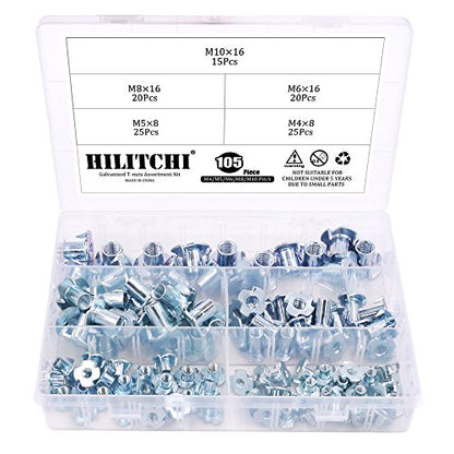 Hilitchi 105-Pcs M4 5 6 8 10 Zinc Plated Steel T Nuts Four Claw Nuts Assortment Kit for Wood Rock Climbing Holds Cabinetry Furniture