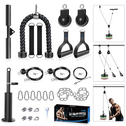 Concho Weight Pulley System, Upgraded Cable Pulley System Gym with Adjustable Weight Cable&Detachable Handles, Workout Pulley System for LAT Pulldown Triceps Biceps Curl Chest Home Gym Attachments