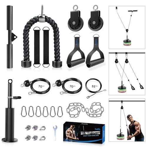 Concho Weight Pulley System, Upgraded Cable Pulley System Gym with Adjustable Weight Cable&Detachable Handles, Workout Pulley System for LAT Pulldown Triceps Biceps Curl Chest Home Gym Attachments