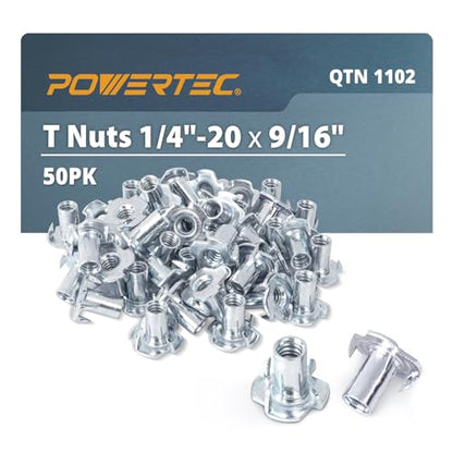 POWERTEC 1/4-20 T Nuts, 50 Pcs | 4 Pronged Tee Nuts for Bolts and Stem Caster Wheels, Threaded Inserts for Wood Working, Rock Climbing Holds and Furniture, For Use with Hammer | 9/16" length (QTN1102)