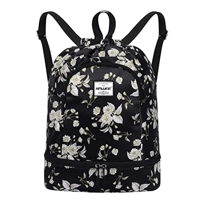 Dry Wet Drawstring Backpack with Shoe Compartment for Women Adjustable Gym Bag - color: Beige Flower