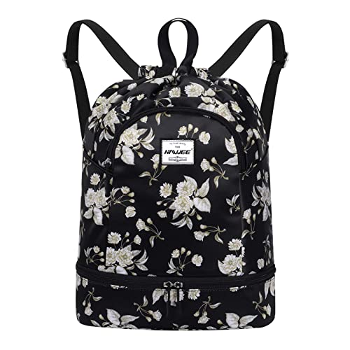 Dry Wet Drawstring Backpack with Shoe Compartment for Women Adjustable Gym Bag - color: Beige Flower