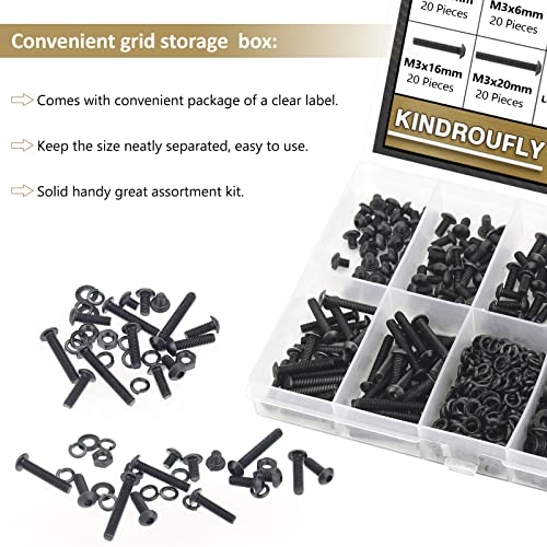 562 Pieces Black M3 x 5/6 /8/10 /12/16 /20mm Button Head Socket Cap Screws Nuts Washers Assortment Kit, 10.9 Grade Alloy Steel - size: M3, style: Button Head