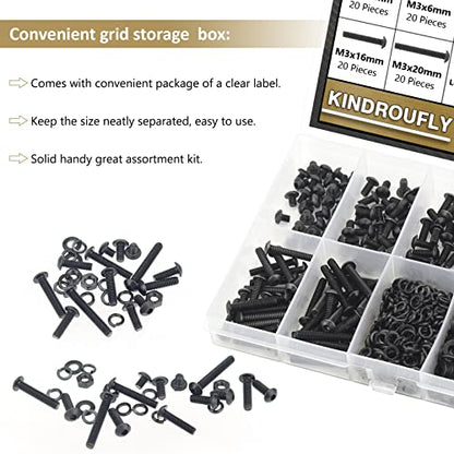 562 Pieces Black M3 x 5/6 /8/10 /12/16 /20mm Button Head Socket Cap Screws Nuts Washers Assortment Kit, 10.9 Grade Alloy Steel - size: M3, style: Button Head